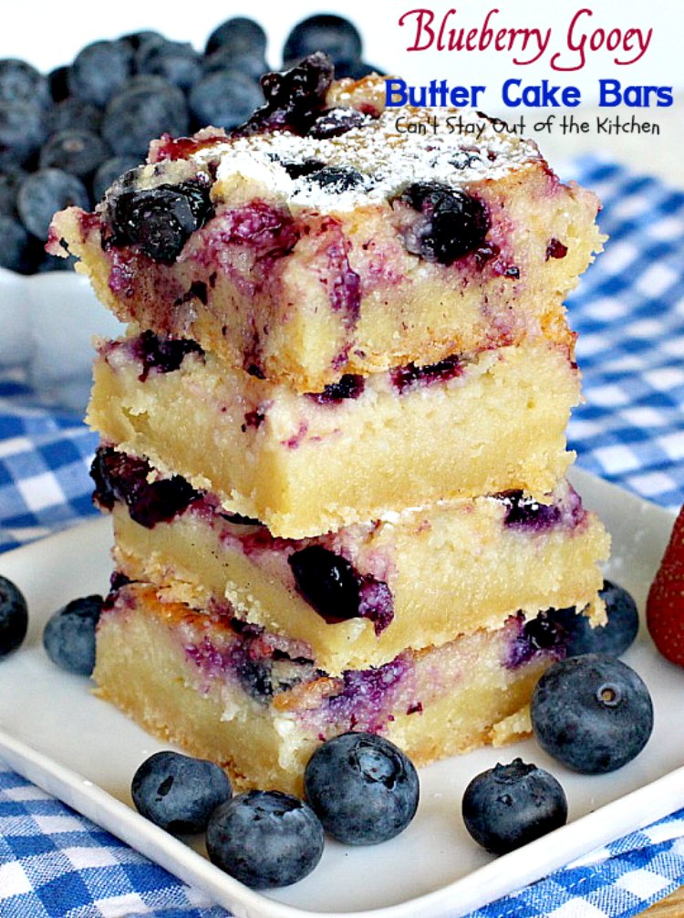 Blueberry Gooey Butter Cake Bars | Can't Stay Out of the Kitchen | you will drool over every bite of these fantastic #brownies. They are ooey, gooey and delicious with a great twist by using #blueberries. #dessert #cookies