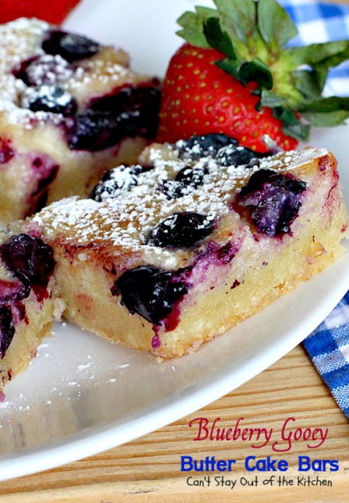 Blueberry Gooey Butter Cake Bars | Can't Stay Out of the Kitchen | you will drool over every bite of these fantastic #brownies. They are ooey, gooey and delicious with a great twist by using #blueberries. #dessert #cookies