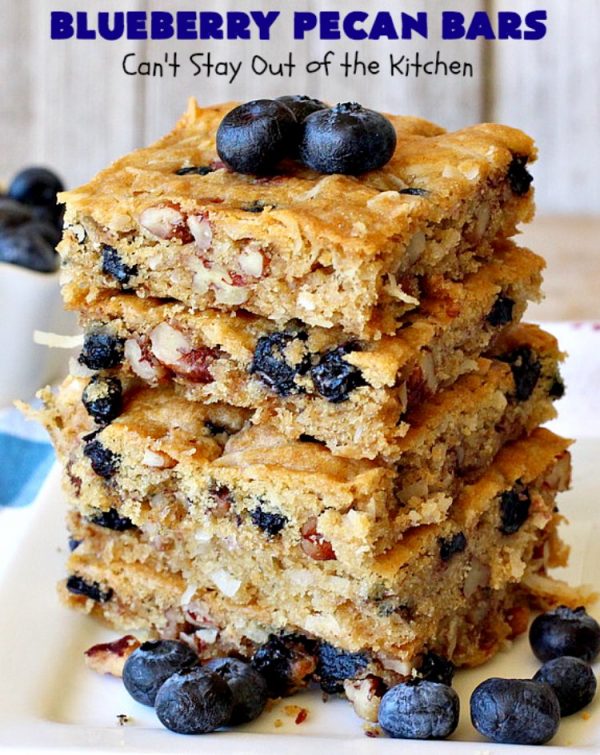Blueberry Pecan Bars | Can't Stay Out of the Kitchen | these luscious, crunchy bar-type #cookies are filled with dried #blueberries, #pecans & #coconut. They're outrageously addictive! #tailgating #dessert #brownies #BlueberryDessert #BlueberryPecanBars