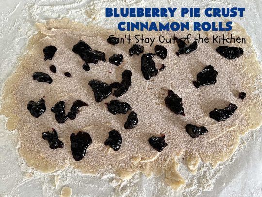 Blueberry Pie Crust Cinnamon Rolls | Can't Stay Out of the Kitchen | This down-home #vintage #recipe for #PieCrustCinnamonRolls is outstanding! Easy to whip up and so delicious for #breakfast or to snack on throughout the day. Beware! You won't be able to keep your hands out of these delicious #blueberry treats. #CinnamonRolls #PieCrust #BlueberryJam #HolidayBreakfast #BlueberryPieCrustCinnamonRolls