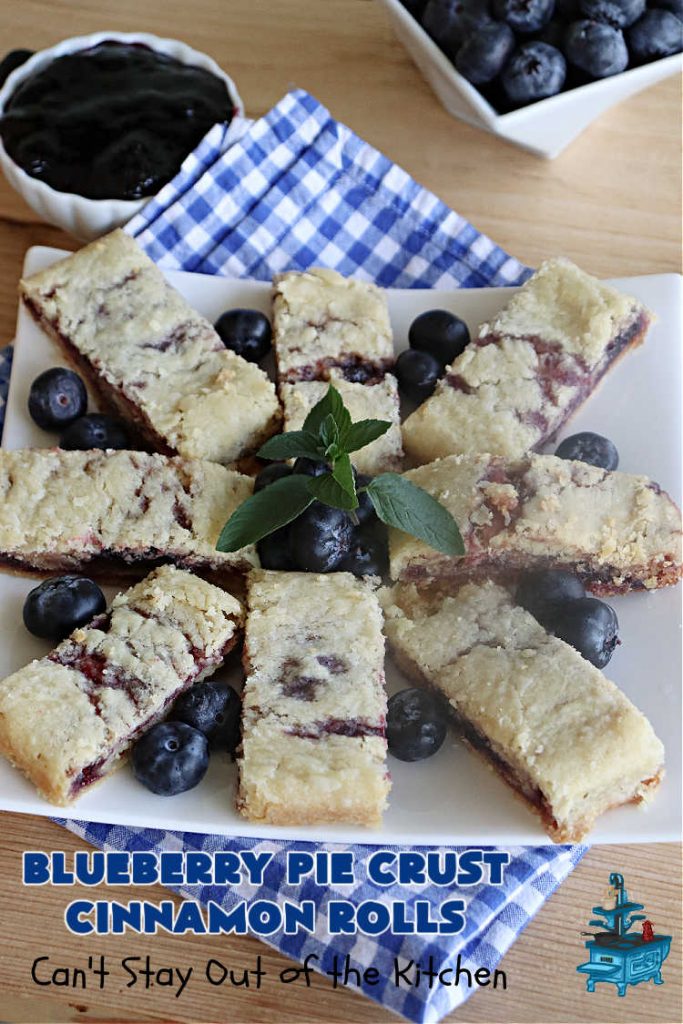 Blueberry Pie Crust Cinnamon Rolls | Can't Stay Out of the Kitchen | This down-home #vintage #recipe for #PieCrustCinnamonRolls is outstanding! Easy to whip up and so delicious for #breakfast or to snack on throughout the day. Beware! You won't be able to keep your hands out of these delicious #blueberry treats. #CinnamonRolls #PieCrust #BlueberryJam #HolidayBreakfast #BlueberryPieCrustCinnamonRolls