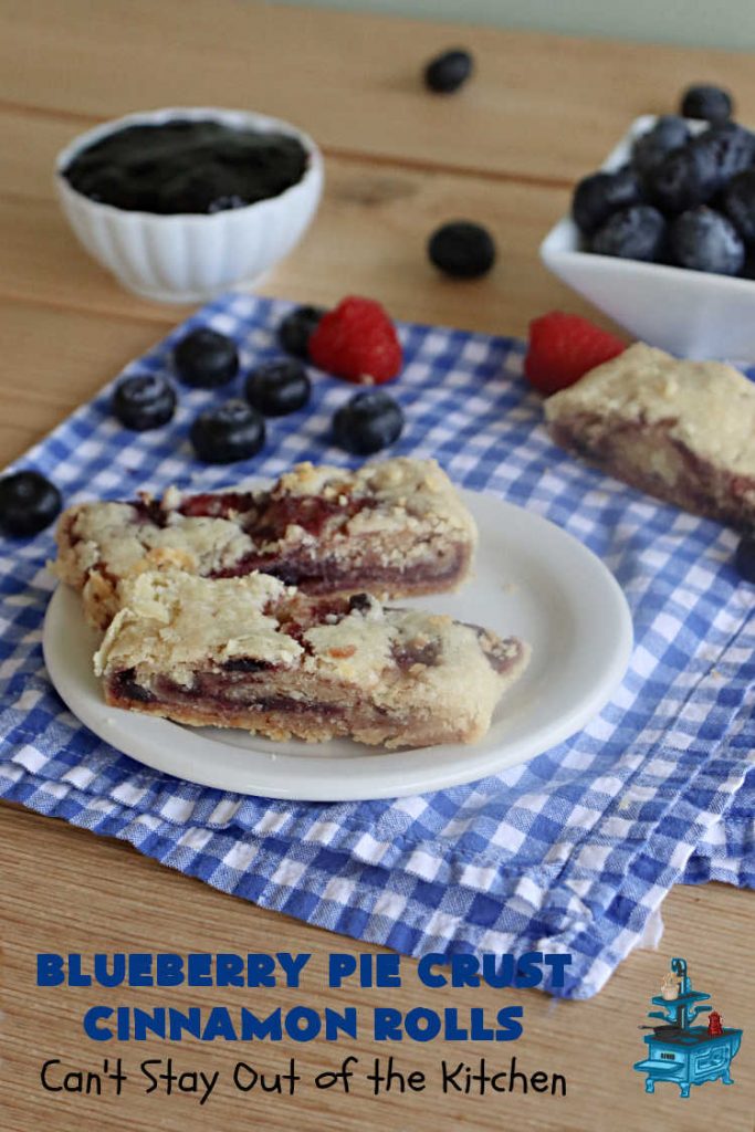 Blueberry Pie Crust Cinnamon Rolls | Can't Stay Out of the Kitchen | This down-home #vintage #recipe for #PieCrustCinnamonRolls is outstanding! Easy to whip up and so delicious for #breakfast or to snack on throughout the day. Beware! You won't be able to keep your hands out of these delicious #blueberry treats. #CinnamonRolls #PieCrust #BlueberryJam #HolidayBreakfast #BlueberryPieCrustCinnamonRolls