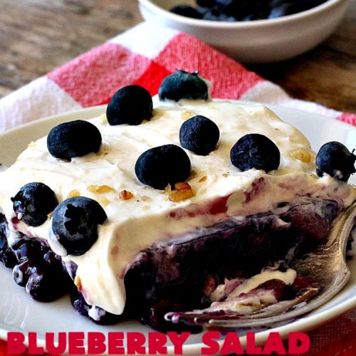 Blueberry Salad | Can't Stay Out of the Kitchen | this scrumptious congealed #salad is made with #grape #JellO, #pineapple, #blueberrypiefilling & has a lovely #creamcheese topping. It's delightful for potlucks, company or #holidays like #Thanksgiving or #Christmas. #JelloSalad #congealedsalad #blueberries #glutenfree