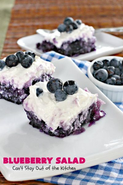 Blueberry Salad | Can't Stay Out of the Kitchen | this is one of our favorite summer side dishes. It uses #blueberry pie filling, #pineapple & has a #creamcheese topping. It's perfect for any #holiday menu. #salad #glutenfree