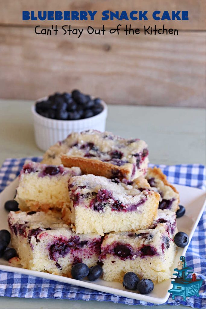 Blueberry Snack Cake | Can't Stay Out of the Kitchen | this lovely 7-ingredient #dessert is light & refreshing. It's filled with #blueberries & can be whipped up & on the table in 45 minutes. It's perfect for picnics, potlucks, backyard BBQs, or even #tailgating parties. #cake #BlueberryDessert #BlueberrySnackCake