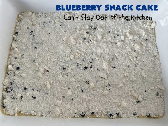Blueberry Snack Cake | Can't Stay Out of the Kitchen | this lovely 7-ingredient #dessert is light & refreshing. It's filled with #blueberries & can be whipped up & on the table in 45 minutes. It's perfect for picnics, potlucks, backyard BBQs, or even #tailgating parties. #cake #BlueberryDessert #BlueberrySnackCake