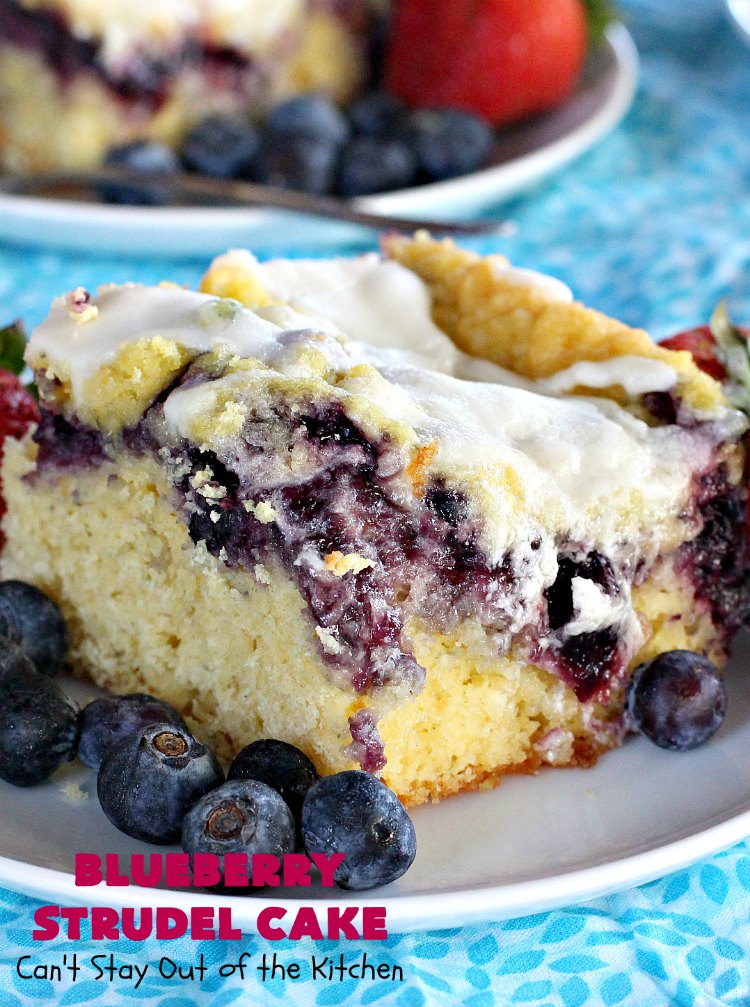 Blueberry Strudel Cake | Can't Stay Out of the Kitchen | this spectacular #cake is divine! The crust layer is made with a boxed #cakemix. It's topped with #Blueberrypiefilling, a streusel layer & glazed with an #almond flavored icing. Terrific #dessert for #Easter or #MothersDay. #BlueberryStrudelCake #BlueberryCake #BlueberryDessert #Coffeecake #breakfast #HolidayBreakfast #BlueberryCoffeecake
