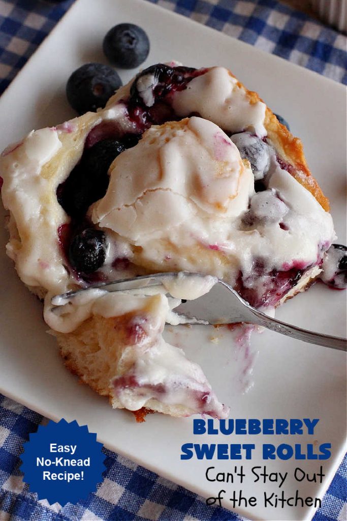 Blueberry Sweet Rolls | Can't Stay Out of the Kitchen | the most awesome #SweetRolls ever! These heavenly #rolls are filled with fresh #blueberries & iced with a luscious #buttercream frosting. Every bite will have you drooling! On top of that you don't have to hand-knead the dough! Great for a weekend, company or #holiday #breakfast. #HolidayBreakfast #ValentinesDay #brunch #BlueberrySweetRolls