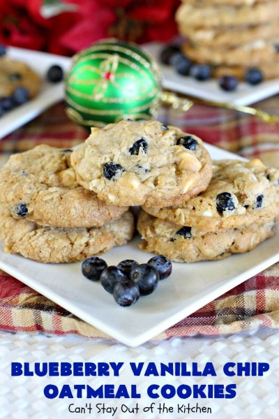 Blueberry Vanilla Chip Oatmeal Cookies | Can't Stay Out of the Kitchen | my family raved over these amazing #cookies. They're made with dried #blueberries, #oatmeal & #VanillaChips. It's one of the best #OatmealCookies you'll ever eat! Terrific for #holiday parties or a #ChristmasCookieExchange. #dessert #BlueberryVanillaChipOatmealCookies #BlueberryDessert
