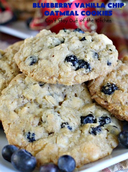 Blueberry Vanilla Chip Oatmeal Cookies | Can't Stay Out of the Kitchen | my family raved over these amazing #cookies. They're made with dried #blueberries, #oatmeal & #VanillaChips. It's one of the best #OatmealCookies you'll ever eat! Terrific for #holiday parties or a #ChristmasCookieExchange. #dessert #BlueberryVanillaChipOatmealCookies #BlueberryDessert