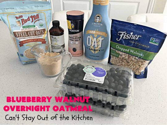 Blueberry Walnut Overnight Oatmeal | Can't Stay Out of the Kitchen | this lovely homemade #oatmeal #recipe is terrific for a #holiday or weekend #breakfast. Plus it makes 12 servings so it's great to reheat for breakfast on the go. If you have a programmable #crockpot it doesn't get any easier than this. #blueberries #walnuts #vegan #OvernightOatmeal #GlutenFree #SlowCooker #BlueberryWalnutOvernightOatmeal