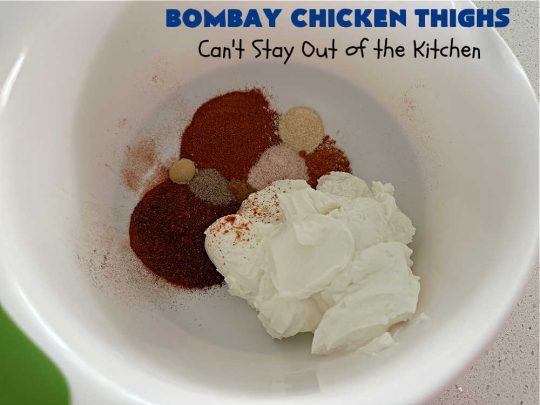 Bombay Chicken Thighs | Can't Stay Out of the Kitchen | this delightful #chicken #entree has the flavors of #India without the excessive spiciness that you might expect. The #chicken is marinated overnight in a #GreekYogurt sauce which tamps down the spicy seasonings leaving a milder, & very satisfying blend of flavors. The #ChickenThighs are grilled adding the smoky flavors from the #grill. The scrumptious combination of flavors is irresistible. #GlutenFree #Bombay #BombayChicken #BombayChickenThighs