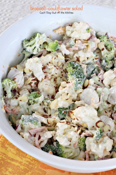 Broccoli-Cauliflower Salad | Can't Stay Out of the Kitchen | fabulous #salad chocked full of #veggies with an easy, creamy homemade #saladdressing. #broccoli #cauliflower #carrots