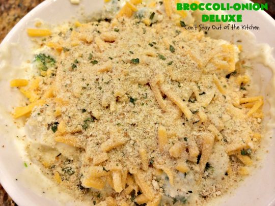 Broccoli-Onion Deluxe | Can't Stay Out of the Kitchen | This is one of our favorite #broccoli #casseroles. It features both cream cheese & #cheddarcheese in a delicious sauce with cocktail #onions & a light bread crumb topping. It's perfect for #Thanksgiving or #Christmas dinner.