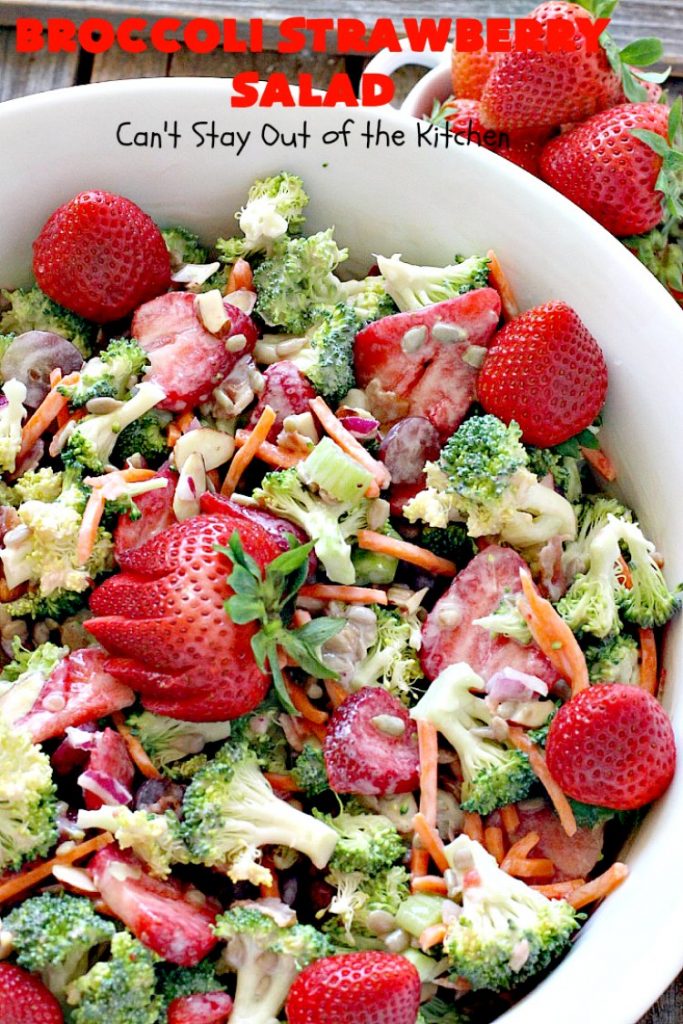 Broccoli Strawberry Salad | Can't Stay Out of the Kitchen | this delicious #broccoli #salad is perfect for #Thanksgiving or #Christmas menus. It's also healthy, #glutenfree & uses uncured, nitrate-free #bacon to give it some punch! #strawberries #grapes 