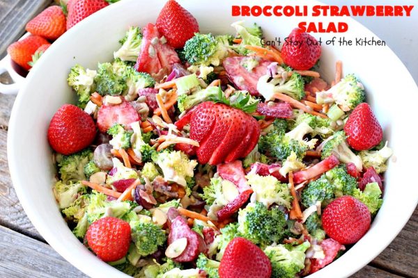 Broccoli Strawberry Salad | Can't Stay Out of the Kitchen | this delicious #broccoli #salad is perfect for #Thanksgiving or #Christmas menus. It's also healthy, #glutenfree & uses uncured, nitrate-free #bacon to give it some punch! #strawberries #grapes