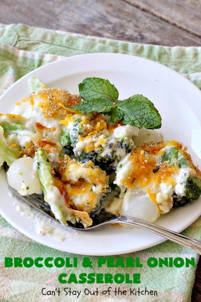 Broccoli and Pearl Onion Casserole | Can't Stay Out of the Kitchen | this sumptuous #broccoli #casserole is terrific for #holidays like #Thanksgiving or #Christmas. It's filled with 2 cheeses and is absolutely irresistible. #broccolicasserole #pearlonions #cheese #sidedish #holidaysidedish