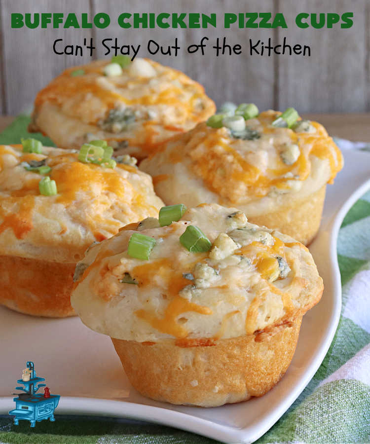 Buffalo Chicken Pizza Cups | Can't Stay Out of the Kitchen | these scrumptious miniature #pizzas include #BuffaloChickenDip in the centers & they're topped with 3 #cheeses including #mozzarella, #TacoCheese & #BlueCheese crumbles. Sensational #appetizer for #holidays, #tailgating parties, potlucks or the #SuperBowl. #BuffaloChicken #chicken #BuffaloChickenPizzaCups