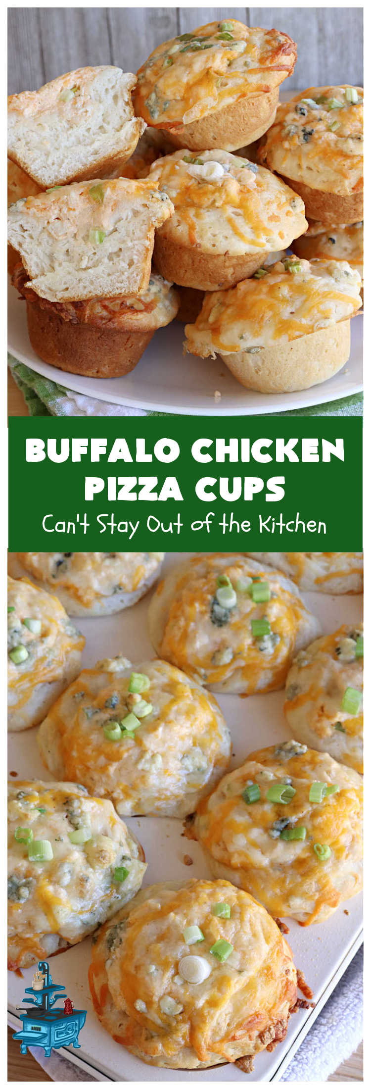 Buffalo Chicken Pizza Cups | Can't Stay Out of the Kitchen | these scrumptious miniature #pizzas include #BuffaloChickenDip in the centers & they're topped with 3 #cheeses including #mozzarella, #TacoCheese & #BlueCheese crumbles. Sensational #appetizer for #holidays, #tailgating parties, potlucks or the #SuperBowl. #BuffaloChicken #chicken #BuffaloChickenPizzaCups