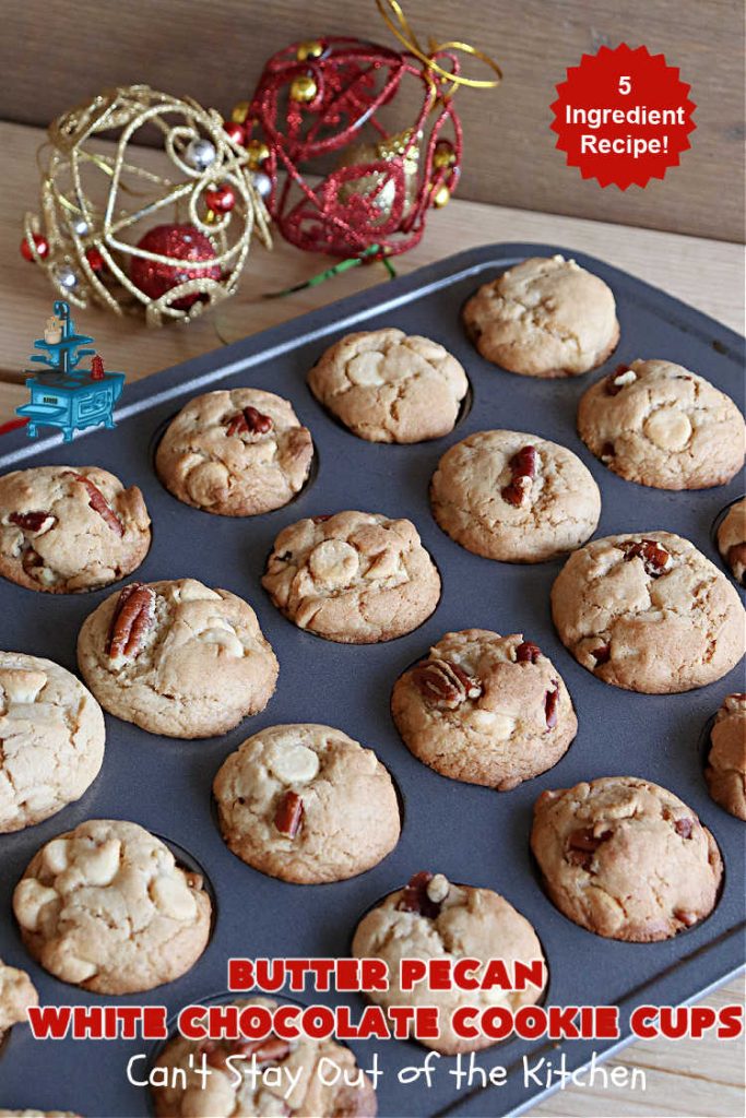 Butter Pecan White Chocolate Cookie Cups | Can't Stay Out of the Kitchen | these adorable #CookieCups are perfectly flavored with a #ButterPecan #CakeMix,#pecans & #WhiteChocolateChips. This easy 5-ingredient #cookie #recipe can be ready to enjoy in about 30 minutes. Great for #tailgating, #BackyardBarbecues or a #ChristmasCookieExchange. #chocolate #dessert #ButterPecanWhiteChocolateCookieCups