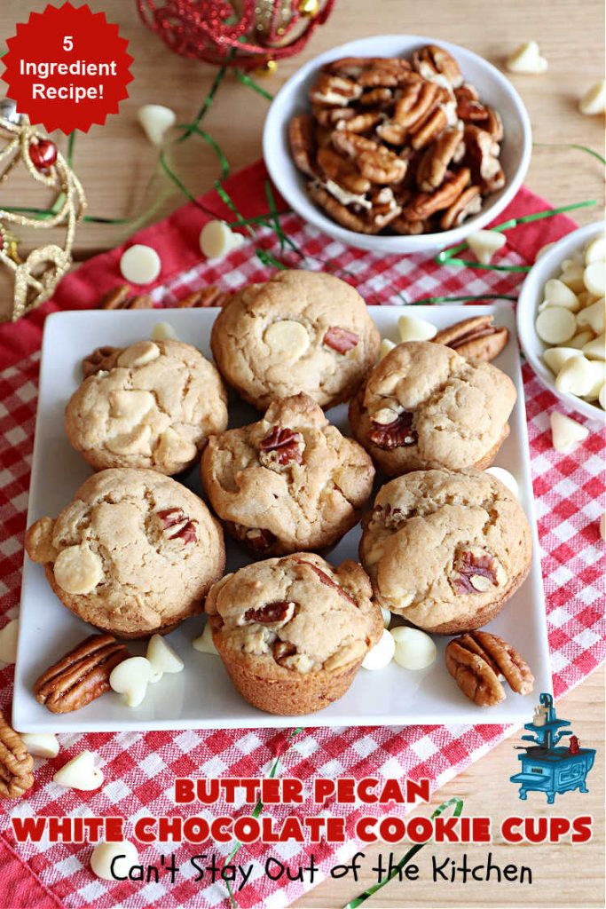 Butter Pecan White Chocolate Cookie Cups | Can't Stay Out of the Kitchen | these adorable #CookieCups are perfectly flavored with a #ButterPecan #CakeMix,#pecans & #WhiteChocolateChips. This easy 5-ingredient #cookie #recipe can be ready to enjoy in about 30 minutes. Great for #tailgating, #BackyardBarbecues or a #ChristmasCookieExchange. #chocolate #dessert #ButterPecanWhiteChocolateCookieCups