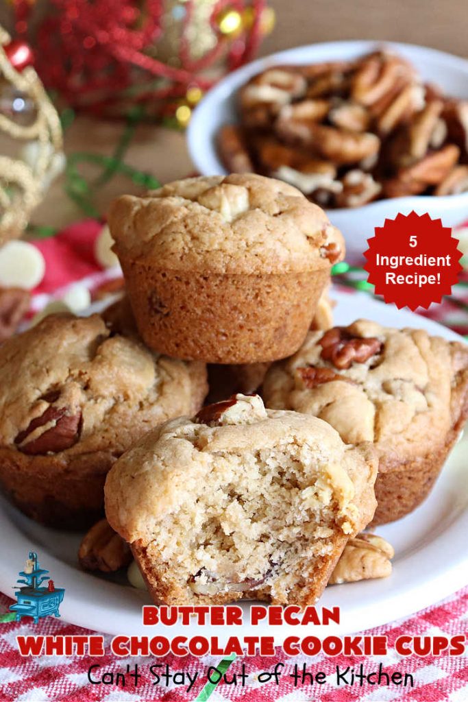 Butter Pecan White Chocolate Cookie Cups | Can't Stay Out of the Kitchen | these adorable #CookieCups are perfectly flavored with a #ButterPecan #CakeMix,#pecans & #WhiteChocolateChips. This easy 5-ingredient #cookie #recipe can be ready to enjoy in about 30 minutes. Great for #tailgating, #BackyardBarbecues or a #ChristmasCookieExchange. #chocolate #dessert #ButterPecanWhiteChocolateCookieCups