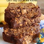 Butterfinger Banana Bread | Can't Stay Out of the Kitchen | No one will be able to resist this outrageous #ButterfingerBananaBread #recipe! It's fantastic for a weekend, company or #holiday #breakfast or #brunch. Every bite is chocked full of #Butterfingers so it has those great #chocolaty & #PeanutButter flavors that everyone loves. The rich, decadent #chocolate icing makes it even better! #SweetBread #ButterfingerCandyBars #ButterfingerCandy