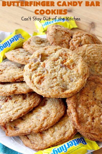 Butterfinger Candy Bar Cookies | Can't Stay Out of the Kitchen | these fantastic #cookies rock! They're filled with chopped #Butterfinger bars so they're absolutely mouthwatering & delicious. Great for #holiday or #tailgating parties or a #ChristmasCookieExchange. #dessert #HowToUseHalloweenCandy #ButterfingerBars #ButterfingerCandyBars #chocolate #ChocolateDessert #PeanutButter #PeanutButterDessert #ButterfingerDessert #ButterfingerCandyBarCookies #HolidayDessert