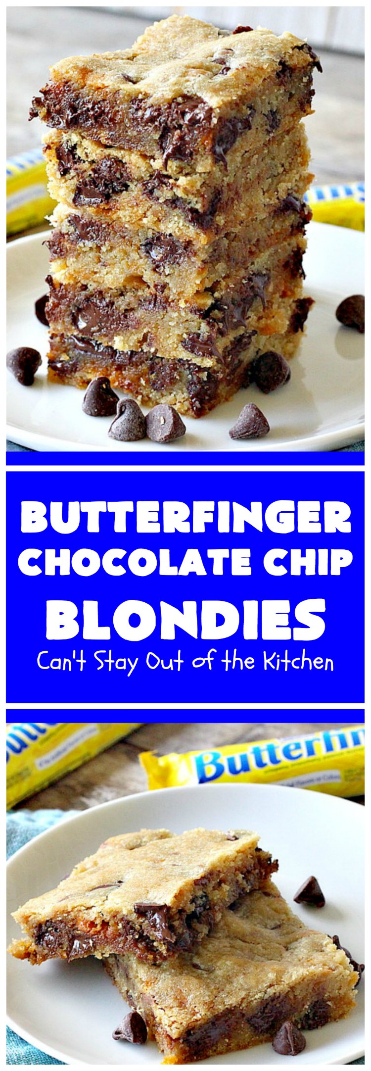 Butterfinger Chocolate Chip Blondies | Can't Stay Out of the Kitchen | these amazing #brownies contain #Butterfinger baking bits & #chocolate chips. They are so decadent and delightful! #peanutbutter #dessert #cookie #ButterfingerDessert
