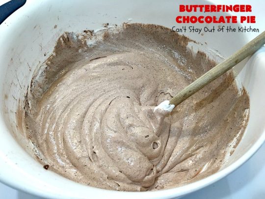 Butterfinger Chocolate Pie | Can't Stay Out of the Kitchen | This luscious #chocolate #pie will rock your world! It's so easy to whip up & uses only 5 ingredients. It's perfect for family, company or #holiday dinners. #Butterfingers #ChocolateDessert #ButterfingerDessert #HolidayDessert #ButterfingerPie #ButterfingerChocolatePie
