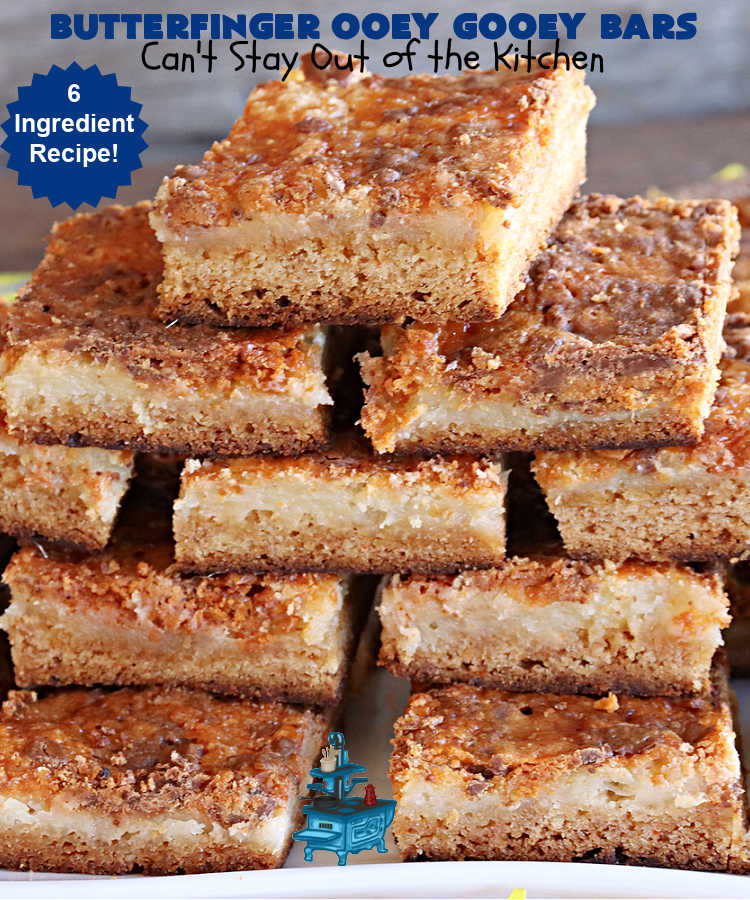 Butterfinger Ooey Gooey Bars | Can't Stay Out of the Kitchen | these lovely #OoeyGooeyBars include a #Cheesecake filling with chopped #Butterfingers on top! This easy 6-ingredient #recipe is so irresistible everyone will want seconds. They are out of this world good & will have you swooning from the first bite. Excellent for #tailgating, potlucks & a #ChristmasCookieExchange. #cookie #brownie #dessert #ButterfingerDessert #ButterfingerOoeyGooeyBars