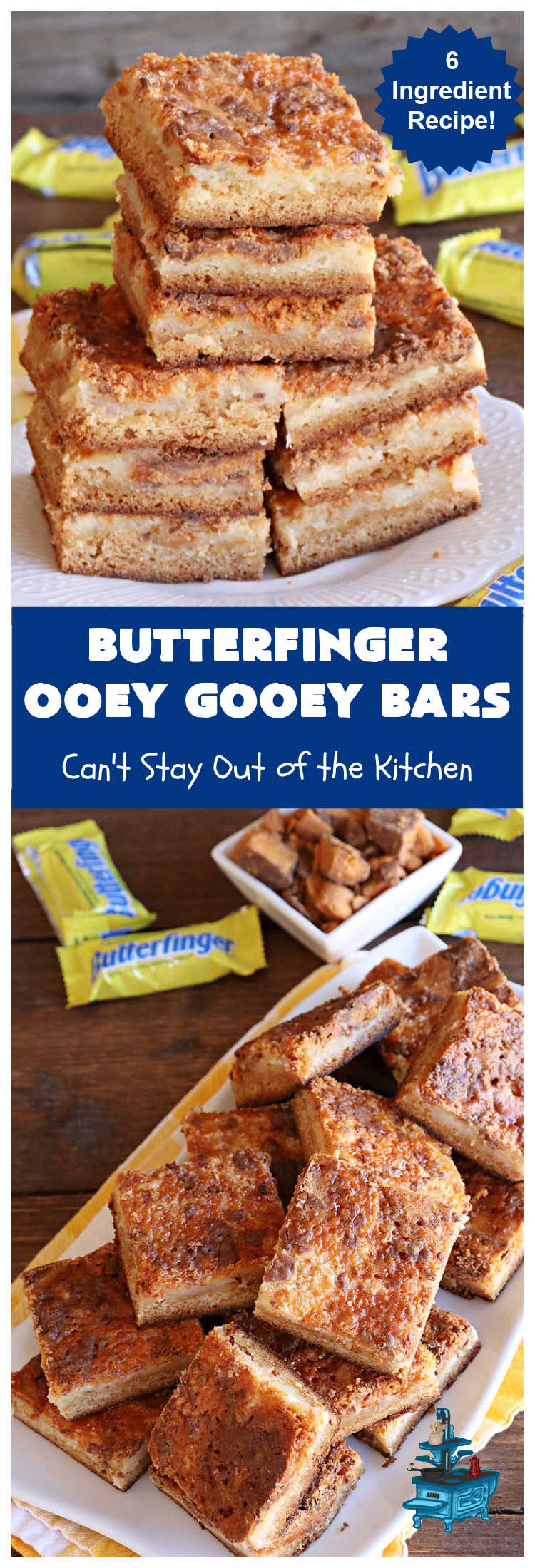 Butterfinger Ooey Gooey Bars | Can't Stay Out of the Kitchen | these lovely #OoeyGooeyBars include a #Cheesecake filling with chopped #Butterfingers on top! This easy 6-ingredient #recipe is so irresistible everyone will want seconds. They are out of this world good & will have you swooning from the first bite. Excellent for #tailgating, potlucks & a #ChristmasCookieExchange. #cookie #brownie #dessert #ButterfingerDessert #ButterfingerOoeyGooeyBarsButterfinger Ooey Gooey Bars | Can't Stay Out of the Kitchen | these lovely #OoeyGooeyBars include a #Cheesecake filling with chopped #Butterfingers on top! This easy 6-ingredient #recipe is so irresistible everyone will want seconds. They are out of this world good & will have you swooning from the first bite. Excellent for #tailgating, potlucks & a #ChristmasCookieExchange. #cookie #brownie #dessert #ButterfingerDessert #ButterfingerOoeyGooeyBars