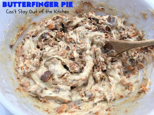 Butterfinger Pie | Can't Stay Out of the Kitchen | This is one of the best #desserts you'll ever eat. It's rich, decadent & outrageously irresistible. It's filled with #Butterfingers so it's got a delightful #PeanutButter & #chocolate taste. Wow your family & friends with this amazing #pie for #ValentinesDay, other #holidays or special occasions. #ButterfingerCandy #ButterfingerPie #ChocolateDessert #PeanutButterDessert