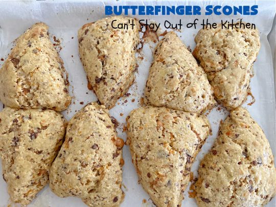 Butterfinger Scones | Can't Stay Out of the Kitchen | Delight your family & friends with these spectacular #ButterfingerScones on your next #breakfast buffet. After just one bite they'll be swooning. These luscious #scones are sweeter than the traditional variety & include #Butterfingers & a luscious #chocolate #icing with more #ButterfingerCandyBars sprinkled over top. Perfect for a weekend, company or #holiday breakfast. Utterly irresistible! #chocolate #PeanutButter #HolidayBreakfast