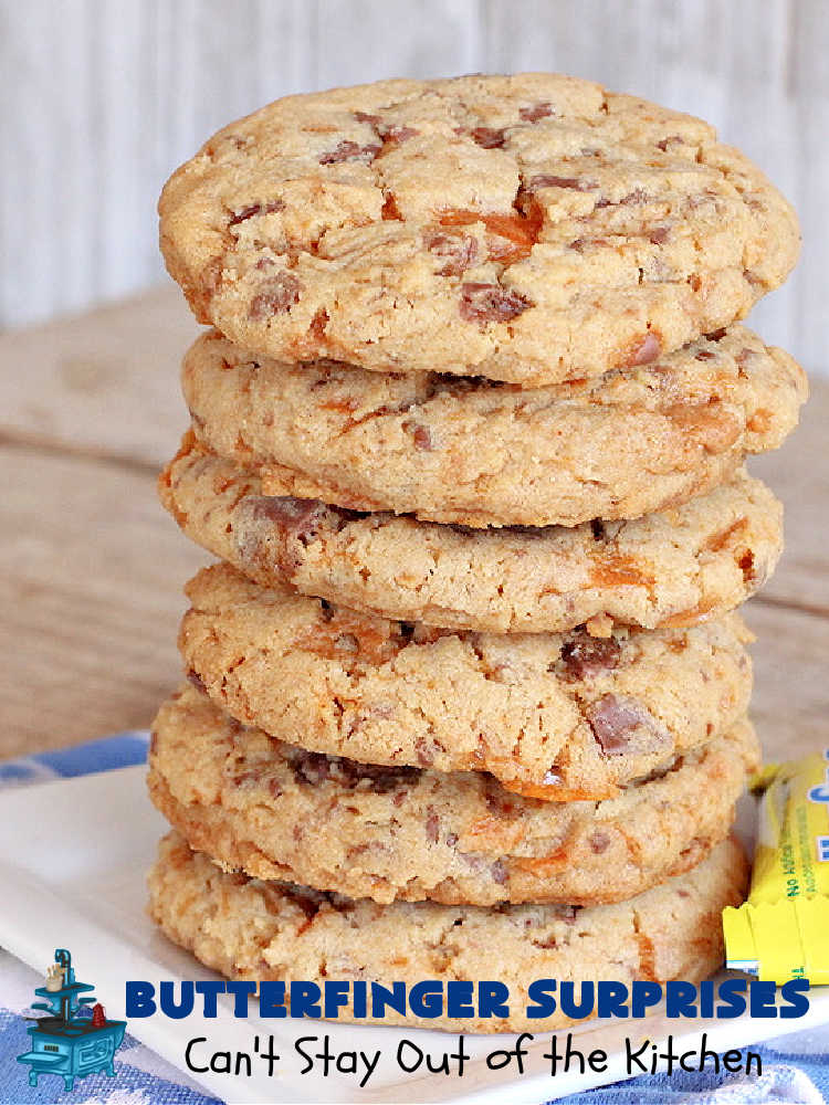Butterfinger Surprises | Can't Stay Out of the Kitchen | these luscious #PeanutButterCookies include #ButterfingerBits in every bite. These whopper-sized #cookies will knock your socks off! If you enjoy #PeanutButter #chocolate & #Butterfingers, this #dessert will make your day! #ChocolateDessert #PeanutButterDessert #Butterfinger Dessert #holiday #HolidayBaking #HolidayDessert #ButterfingerSurprises