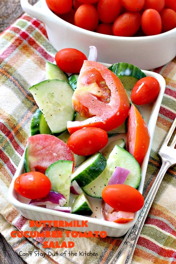 Buttermilk Cucumber Tomato Salad | Can't Stay Out of the Kitchen | this delicious #salad is very simple and easy to make, yet so refreshing. It's a great side dish for almost any kind of entree. #glutenfree #tomatoes #cucumbers