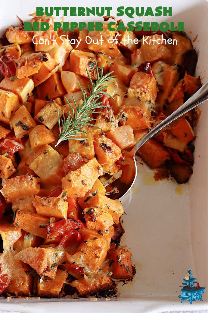 Butternut Squash Red Pepper Casserole | Can't Stay Out of the Kitchen | this is one of the best ways to serve #ButternutSquash ever! The combination of sweet flavors from the #squash & savory flavors from #ParmesanCheese, #garlic & #rosemary is outstanding. Terrific #SideDish for family, company or #holiday dinners like #Thanksgiving or #Christmas. #GlutenFree #casserole #RedBellPeppers #ButternutSquashRedPepperCasserole