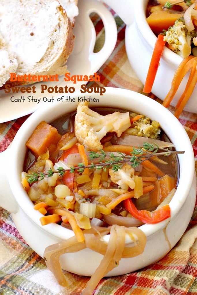 Butternut Squash Sweet Potato Soup | Can't Stay Out of the Kitchen | this delicious #soup is chocked full of fresh veggies and made in the #crockpot. Great comfort food. Healthy, low calorie, #glutenfree & #vegan.