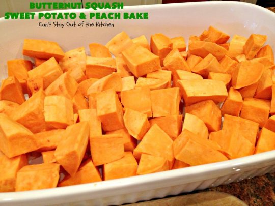 Butternut Squash, Sweet Potato and Peach Bake | Can't Stay Out of the Kitchen | this #healthy, #vegan & #GlutenFree #SideDish is a terrific way to enjoy #peaches & #ButternutSquash. Delightful #casserole for company dinners, too. #SweetPotatoes #ButternutSquashSweetPotatoAndPeachBake #walnuts