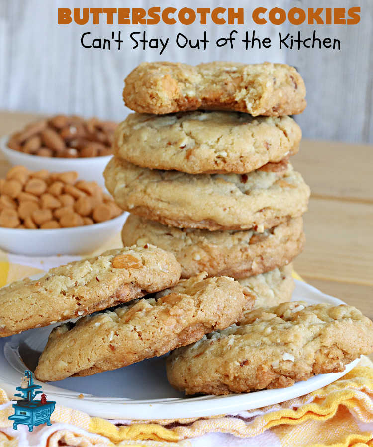 Butterscotch Cookies | Can't Stay Out of the Kitchen | these rich, decadent and heavenly #cookies are filled with #ButterscotchChips & #almonds. The combination of flavors is amazing. Excellent for soccer or hockey practices, potlucks, #tailgating parties or #holiday #baking. #dessert #ButterscotchDessert #AlmondDessert #ChristmasCookieExchange #ButterscotchCookies