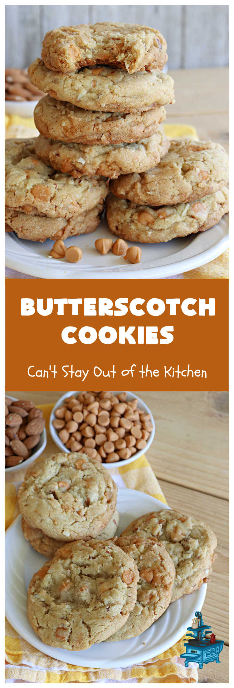 Butterscotch Cookies | Can't Stay Out of the Kitchen | these rich, decadent and heavenly #cookies are filled with #ButterscotchChips & #almonds. The combination of flavors is amazing. Excellent for soccer or hockey practices, potlucks, #tailgating parties or #holiday #baking. #dessert #ButterscotchDessert #AlmondDessert #ChristmasCookieExchange #ButterscotchCookies