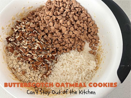 Butterscotch Oatmeal Cookies | Can't Stay Out of the Kitchen | these mouthwatering #OatmealCookies include #pecans, #coconut, #oatmeal & #ButterscotchChips. They're hearty and filling & so delightful to the taste buds, you're sure to want more! Pull them out for #tailgating parties, potlucks, Backyard Barbecues or Family Reunions. Everyone will enjoy these irresistible drool-worthy #cookies. #dessert #ButterscotchDessert #ButterscotchOatmealCookies