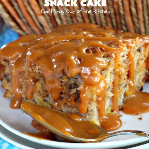 Butterscotch Peach Snack Cake | Can't Stay Out of the Kitchen | this outrageous #cake is absolutely divine! It's filled with #peaches & #butterscotchchips. Then it's glazed with #butterscotch icing. This #dessert is rich, decadent & absolutely irresistible. It's marvelous for #holidays like #FathersDay or #FourthofJuly.