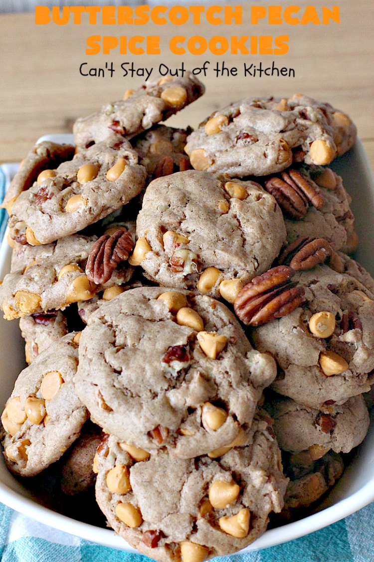 Butterscotch Pecan Spice Cookies | Can't Stay Out of the Kitchen | these fantastic 5-ingredient #cookies are perfect for #holiday #baking & a #ChristmasCookieExchange. They're so easy since they start with a #SpiceCakeMix. #Pecans & #ButterscotchChips make them absolutely delightful. #dessert #ButterscotchDessert #HolidayDessert #ButterscotchPecanSpiceCookies