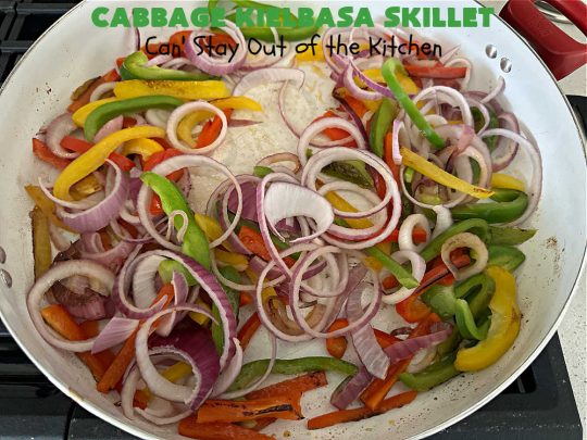 Cabbage Kielbasa Skillet | Can't Stay Out of the Kitchen | This sumptuous #German-style #MainDish can be ready in less than 30 minutes! The combination of flavors with #BellPeppers, #RedOnion, #Kielbasa & #ColeSlawMix is absolutely delightful. If you enjoy #SmokedSausage with #cabbage or #sauerkraut, you'll rave over this amazing #SkilletSupper. #30MinuteRecipe #30MinuteSkilletSupper #GlutenFree #CabbageKielbasaSkillet