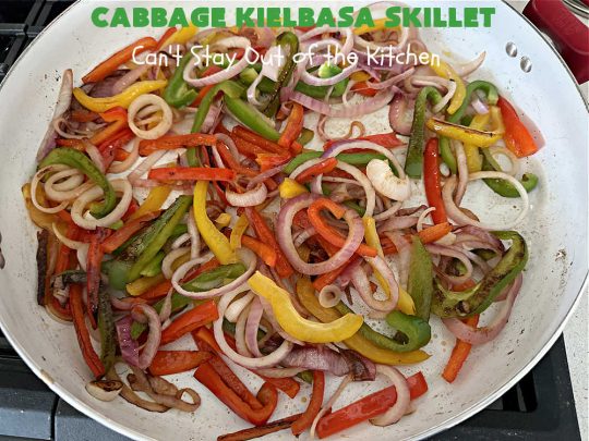 Cabbage Kielbasa Skillet | Can't Stay Out of the Kitchen | This sumptuous #German-style #MainDish can be ready in less than 30 minutes! The combination of flavors with #BellPeppers, #RedOnion, #Kielbasa & #ColeSlawMix is absolutely delightful. If you enjoy #SmokedSausage with #cabbage or #sauerkraut, you'll rave over this amazing #SkilletSupper. #30MinuteRecipe #30MinuteSkilletSupper #GlutenFree #CabbageKielbasaSkillet