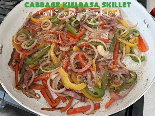 Cabbage Kielbasa Skillet | Can't Stay Out of the Kitchen | This sumptuous #German-style #MainDish can be ready in less than 30 minutes! The combination of flavors with #BellPeppers, #RedOnion, #Kielbasa & #ColeSlawMix is absolutely delightful. If you enjoy #SmokedSausage with #cabbage or #sauerkraut, you'll rave over this amazing #SkilletSupper. #30MinuteRecipe #30MinuteSkilletSupper #GlutenFree #CabbageKielbasaSkillet