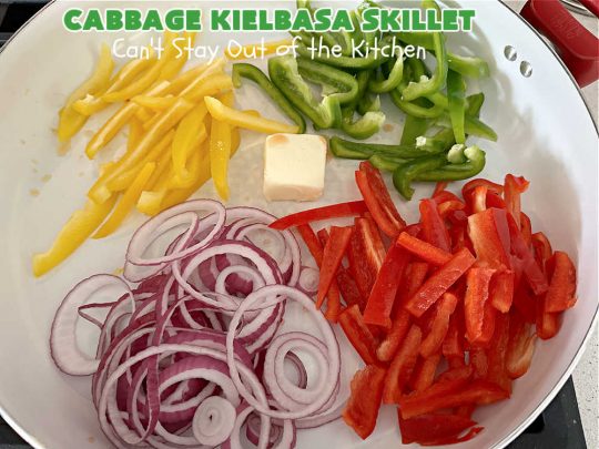 Cabbage Kielbasa Skillet | Can't Stay Out of the Kitchen | This sumptuous #German-style #MainDish can be ready in less than 30 minutes! The combination of flavors with #BellPeppers, #RedOnion, #Kielbasa & #ColeSlawMix is absolutely delightful. If you enjoy #SmokedSausage with #cabbage or #sauerkraut, you'll rave over this amazing #SkilletSupper. #30MinuteRecipe #30MinuteSkilletSupper #GlutenFree #CabbageKielbasaSkillet