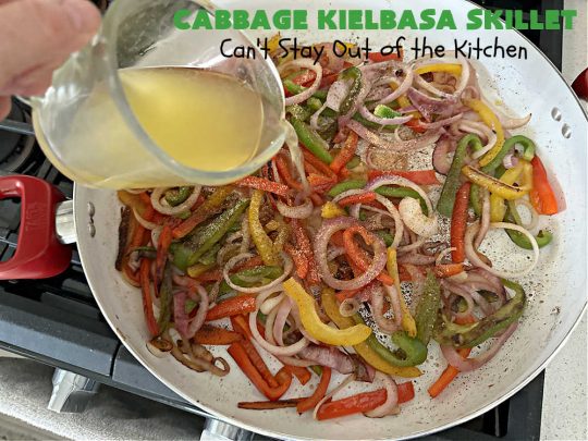 Cabbage Kielbasa Skillet | Can't Stay Out of the Kitchen | This sumptuous #German-style #MainDish can be ready in less than 30 minutes! The combination of flavors with #BellPeppers, #RedOnion, #Kielbasa & #ColeSlawMix is absolutely delightful. If you enjoy #SmokedSausage with #cabbage or #sauerkraut, you'll rave over this amazing #SkilletSupper. #30MinuteRecipe #30MinuteSkilletSupper #GlutenFree #CabbageKielbasaSkillet