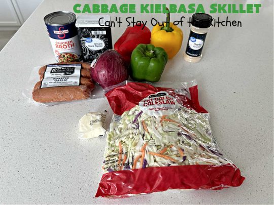 Cabbage Kielbasa Skillet | Can't Stay Out of the Kitchen | This sumptuous #German-style #MainDish can be ready in less than 30 minutes! The combination of flavors with #BellPeppers, #RedOnion, #Kielbasa & #ColeSlawMix is absolutely delightful. If you enjoy #SmokedSausage with #cabbage or #sauerkraut, you'll rave over this amazing #SkilletSupper. #30MinuteRecipe #30MinuteSkilletSupper #GlutenFree #CabbageKielbasaSkillet